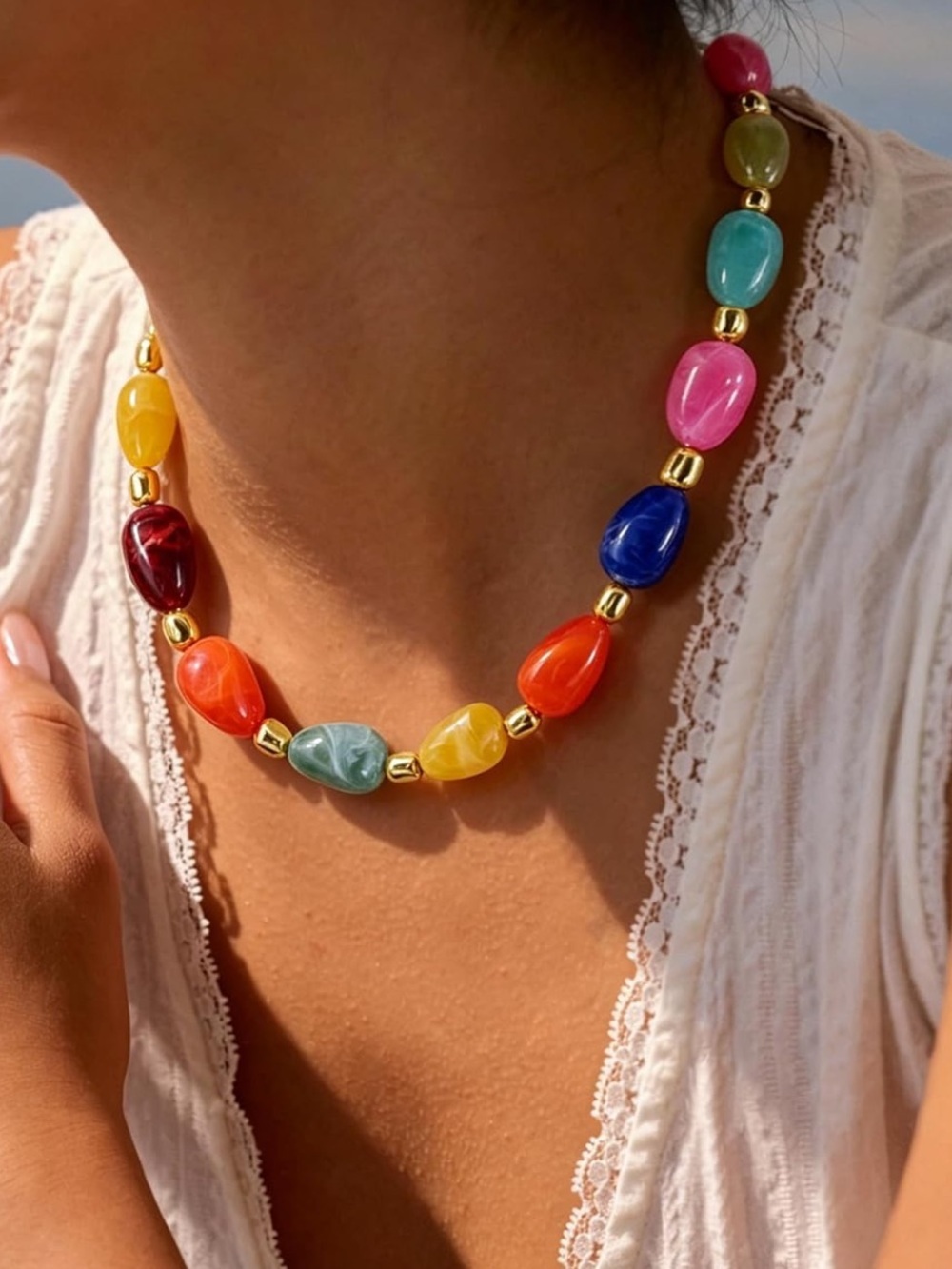 Anthropologie Multicolor Resin Teardrop Necklace with Gold Beads - Picture 1 of 6